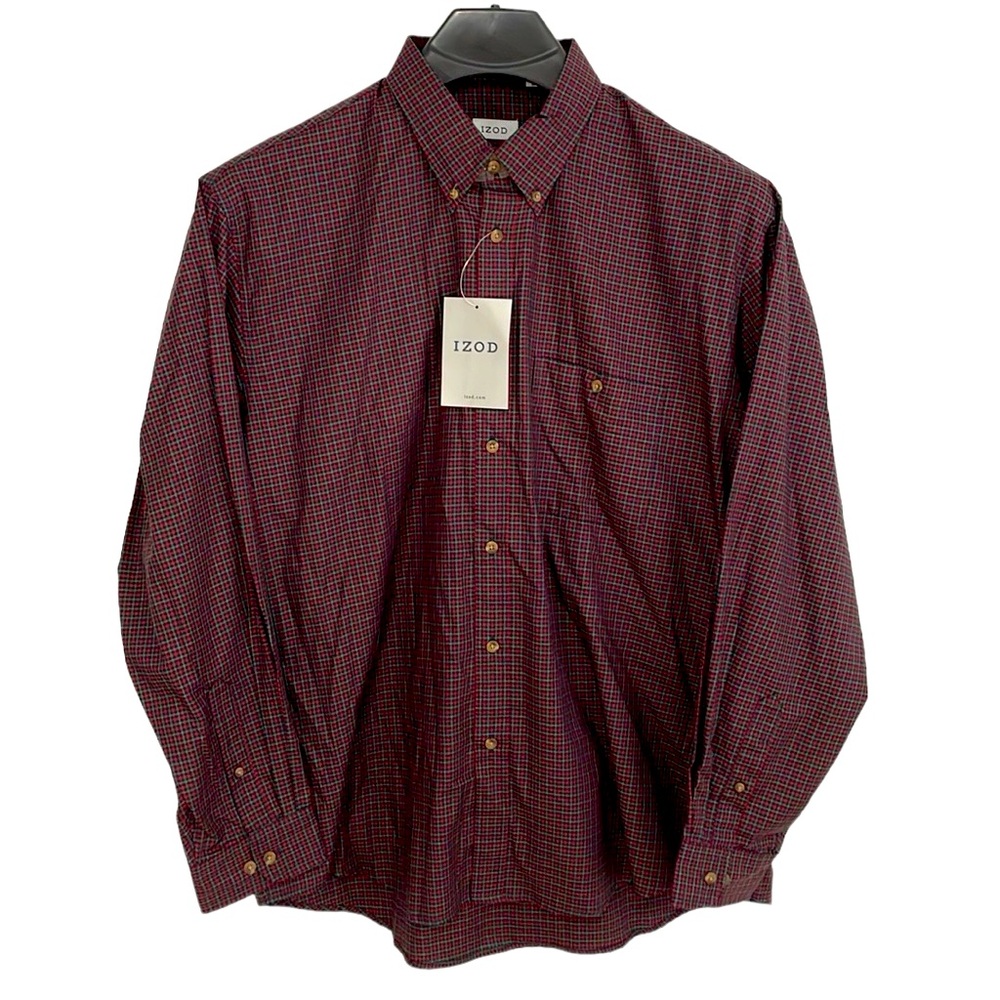 IZOD men’s Size XL red and green plaid cotton button down shirt. New with tags.
